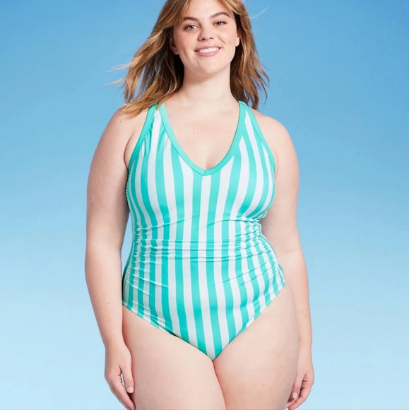 Kona Sol •Plus Size 24• V-neck Striped Turquoise White One Piece Swimsuit NWT - Picture 1 of 10